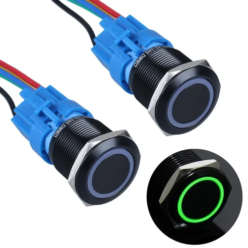 Miniatura 10 de 2 piezas de interruptor de botón de presión momentáneo de 16 mm 12V-24V LED de anillo 1NO 1NC impermeable (ON)-Apagado Cáscara de botón de metal