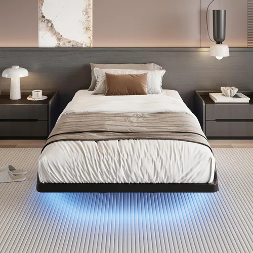 Miniatura 2 de SHA CERLIN Marco de cama flotante tamaño twin con luces LED inteligentes y estación de carga, cama de plataforma de metal resistente con diseño