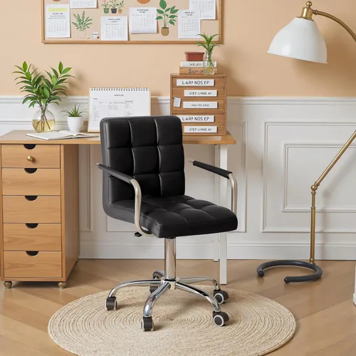 Miniatura 7 de Furmax silla de oficina con respaldo medio de piel sintética, silla ejecutiva moderna, ajustable, silla de escritorio para el hogar, silla de Negro