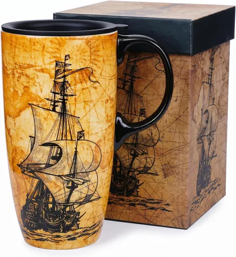 Topadorn Taza de Café de Cerámica Taza de Viaje para Regalo con Tapa de 17 oz., Taza de Té Alta de Porcelana con Asa para el Hogar y la Oficina,