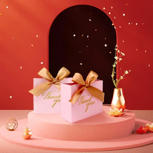 Miniatura 2 de Paquete de 24 cajas de regalo de agradecimiento, pequeñas cajas de regalo con lazo dorado, bolsas de papel de patrón rosa a granel para bodas, baby