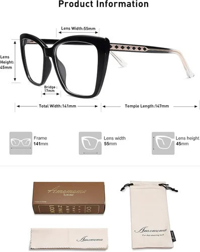 Miniatura 6 de AMOMOMA Trendy TR90 Gafas de Lectura Grandes con Filtro de Luz Azul para Mujeres, Elegantes Gafas Cuadradas Tipo Ojo de Gato AM6031 0c1.negro