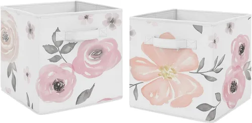 Sweet Jojo Designs Juego de 2 cubos de almacenamiento plegables de tela de acuarela rosa y gris, organizador de juguetes para niños y bebés para