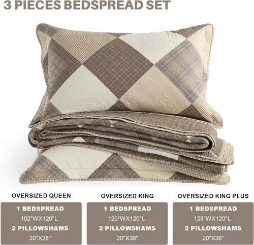 Miniatura 5 de Juego de ropa de cama de tamaño Queen grande, colcha de 120" x 102", 100% algodón, colcha acolchada ligera, juego de cubrecama de estilo rústico, 3
