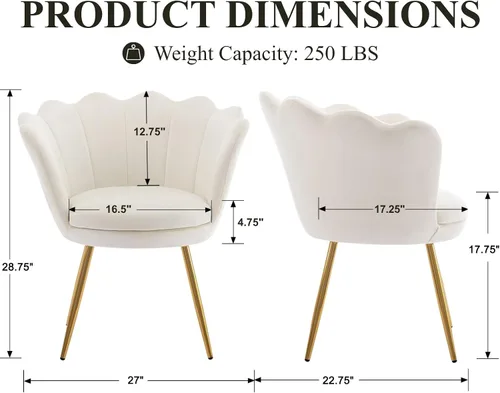 Miniatura 2 de chairus Silla de tocador de maquillaje blanca crema con respaldo, pequeña silla moderna tapizada de terciopelo con patas de metal dorado, bonita