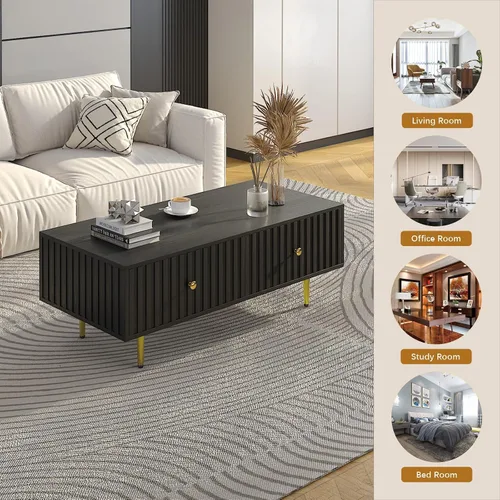 Miniatura 7 de HedoAjim Mesa de centro moderna con almacenamiento con 2 cajones grandes, mesa auxiliar rectangular negra para sala de estar, mesa de té acanalada