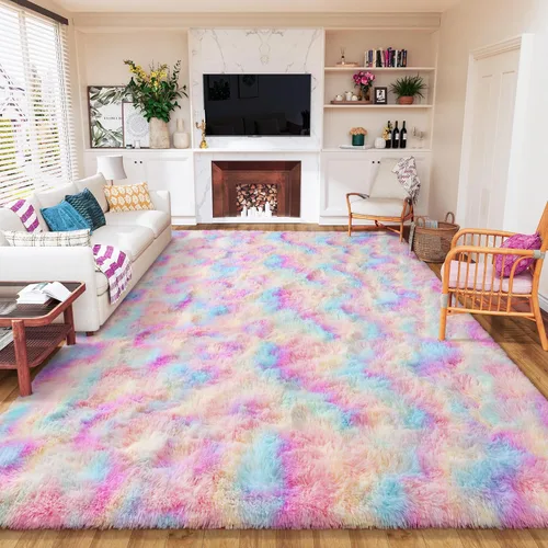 Miniatura 19 de AROGAN Alfombras de área suaves de arco iris para habitación de niñas de 6x9 pies, alfombras esponjosas de dormitorio para niñas, alfombra