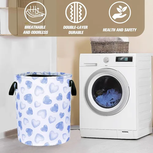 Miniatura 7 de Cesta de lavandería con diseño de corazón azul, divertida bolsa plegable de tela Oxford, cesta de almacenamiento de ropa, organizador para baño