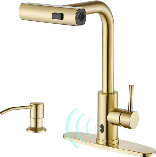 Miniatura 20 de AVSIILE Grifos de cocina en cascada de color negro mate con rociador desplegable y dispensador de jabón, un solo orificio y mango, grifo extraíble