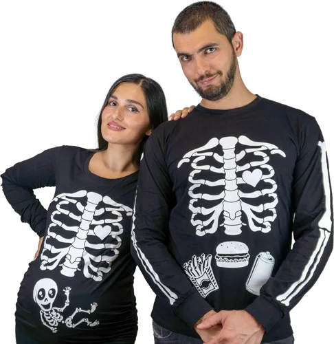 Pareja de Halloween que brilla en la oscuridad Camisas de manga larga para bebé Rayos X Camiseta de maternidad para hombre, hamburguesa, esqueleto,