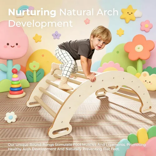 Miniatura 6 de LINKHOO Pikler Triangle Set of 3, Wooden Montessori Climbing Set for Toddlers Ages 2-6, Indoor Jungle Gyms with Arch, Ramp and Ladder, Natural