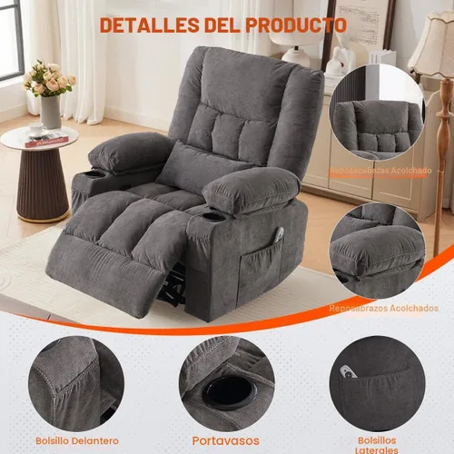 Miniatura 6 de Silla reclinable de masaje de 8 puntos con función mecedora calefactada para adultos, reclinable de gran tamaño con bolsillo lateral, 2 portavasos