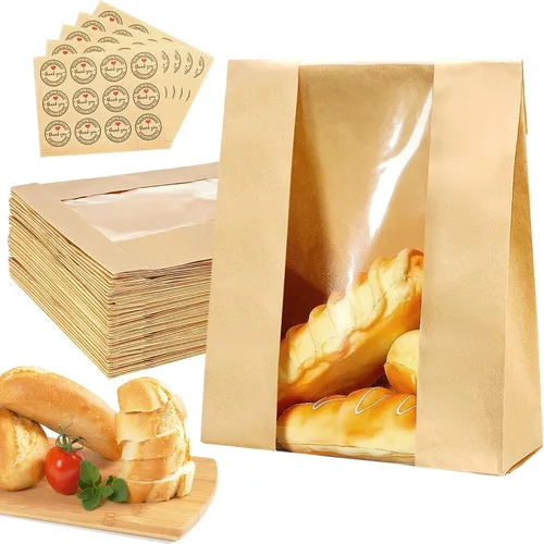 Paquete de 50 bolsas de pan de masa madre Kraft, bolsas de pan 50% más gruesas para pan casero, bolsas de panadería Pper con ventana transparente,