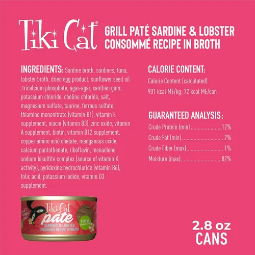 Miniatura 4 de Tiki Cat Grill - Alimento húmedo para gatos, sardinas y consomé de langosta, latas de 2.8 onzas (12 unidades)