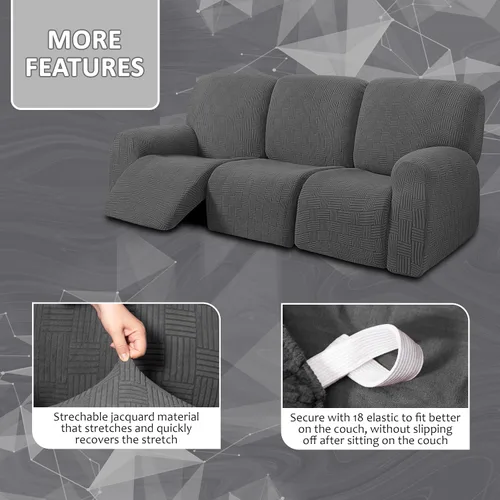 Miniatura 3 de ULTICOR - Juego de 8 fundas para sofá reclinable de jacquard, fundas para sofá reclinable elásticas para 3 cojines, gruesas, suaves, lavables Gris