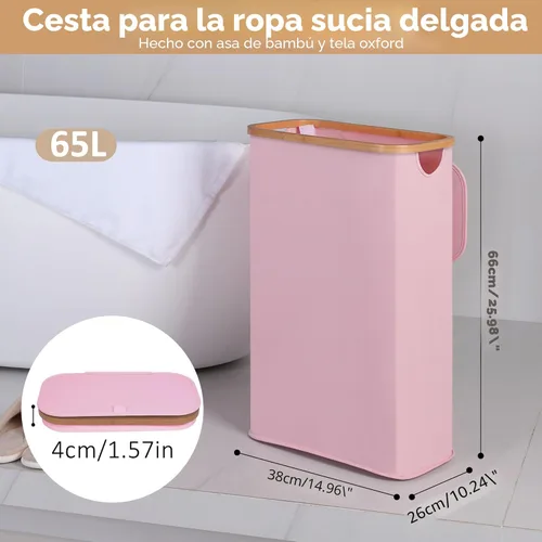 Miniatura 2 de iEGrow Cesta de lavandería delgada de 65L, cesta de lavandería estrecha con tapa, cesta de ropa plegable con asas de bambú, cesta de lavandería