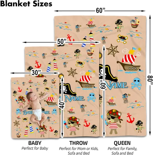 Miniatura 2 de Manta de bebé pirata personalizada, manta con nombre náutico personalizado, decoración de guardería temática de mar de aventura, suave mapa