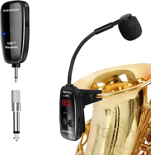 Micrófono inalámbrico para saxofón, micrófonos UHF para saxofón, micrófono con clip de carga y pantalla digital, para trompeta, tuba, trombón,