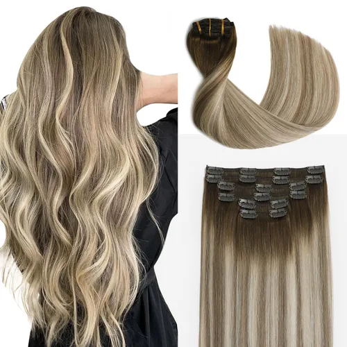 Sindra Extensiones de cabello humano con clip, balayage 3/8/22 de color marrón oscuro a marrón ceniza y rubio dorado, extensiones de cabello humano