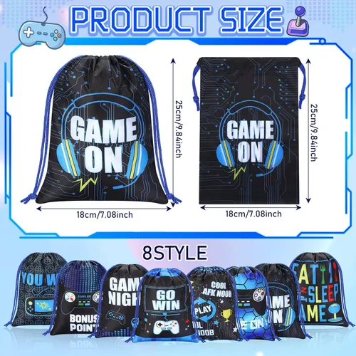 Miniatura 2 de Faccito 16 bolsas de recuerdos de fiesta de videojuegos de 7 x 9.8 pulgadas, bolsas con cordón para fiestas de juegos, temática de juegos a granel