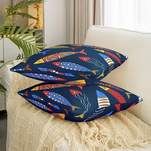 Miniatura 2 de Juego de 2 fundas de almohada de animales marinos de 16 x 16 pulgadas, fundas de almohada decorativas de peces aztecas arco iris, fundas de almohada