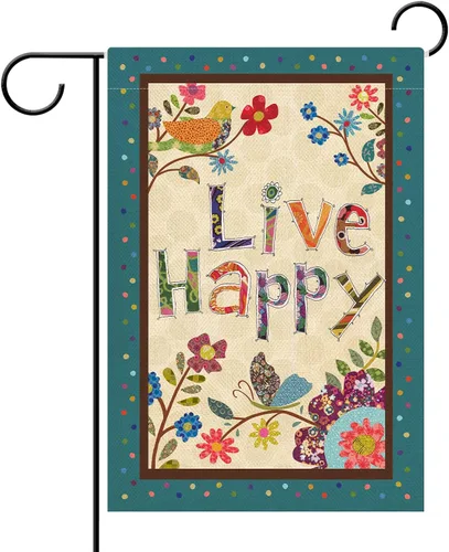 Hzppyz Live Happy - Bandera decorativa pequeña para jardín con flores, pájaro, primavera y verano, cita inspiradora para casa, patio, decoración