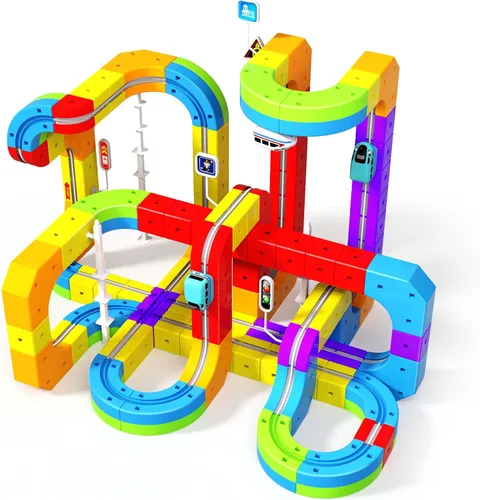 Juego de tren eléctrico para niños, 110 piezas de pista de carreras 3D con tren eléctrico, señales de tráfico, juguetes de tren STEM, regalos de