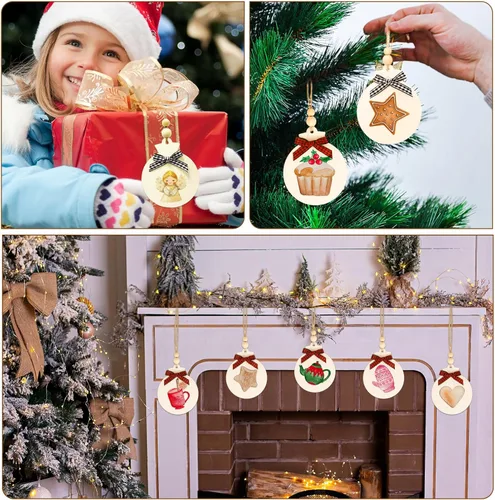 Miniatura 7 de OurWarm 50 adornos de Navidad de madera para manualidades, adornos de madera redondos sin terminar de 4 pulgadas con lazos y cuentas a cuadros