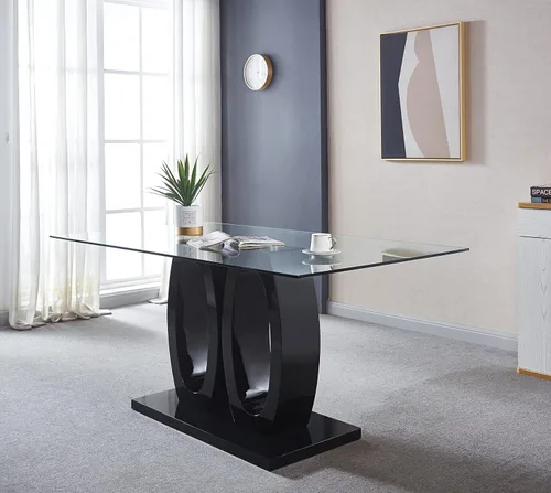 Miniatura 4 de Mesa de comedor rectangular moderna de vidrio, mesa de cocina de vidrio con parte superior de vidrio templado transparente y pedestal de base doble