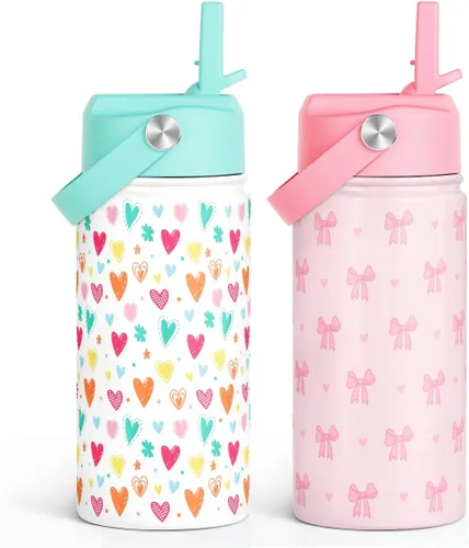 Miniatura 22 de SANDJEST Botella de Agua para Niños con Tapa de Pajita - 12 Oz Botella de Acero Inoxidable Aislada con Dibujo de Animales para Niños y Niñas - Taza