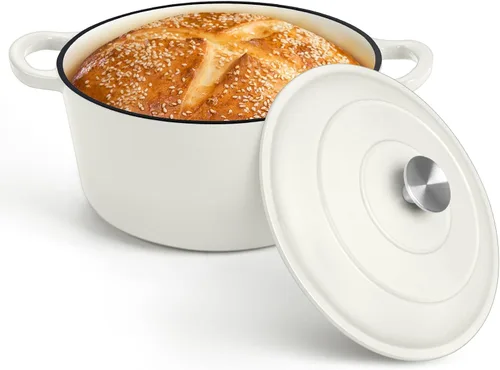 Miniatura 19 de P&P CHEF Horno holandés esmaltado de 5 cuartos de galón, olla holandesa de hierro fundido con tapa para hornear pan, olla esmaltada para asar, Caqui