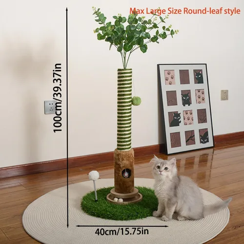 Miniatura 2 de Poste rascador interactivo para gatos de 35 pulgadas de alto con hojas de eucalipto artificiales, árbol para gatos con bolas de madera y cuerda