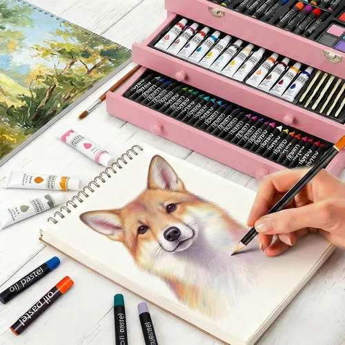 Miniatura 3 de Juego de lujo de 175 piezas de arte en madera, kit de dibujo y pintura con 2 bloques de dibujo, pinturas acrílicas, lápices de colores, lápices