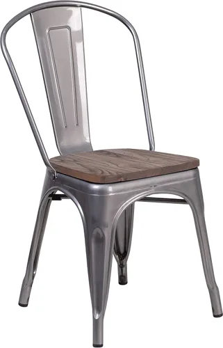 Miniatura 3 de Merrick Lane Silla de comedor apilable con respaldo de listones verticales de metal, marco recubierto transparente, asiento de madera de olmo