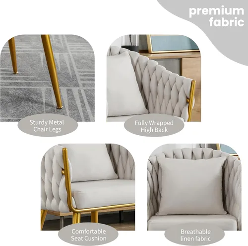Miniatura 3 de BOSMILLER Sillas de comedor tejidas, modernas sillas de comedor con patas antideslizantes de metal dorado, respaldo alto curvado, silla de comedor