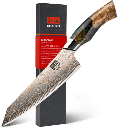 Miniatura 8 de Juego de cuchillos de cocina de Damasco SHAN ZU, cuchillos de cocina japoneses de cobre y acero de Damasco, cuchillo utilitario forjado a mano