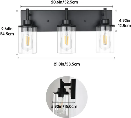 Miniatura 3 de GoYeel Accesorios de iluminación de tocador, aplique de pared negro mate de 3 luces negras con pantalla de vidrio transparente para dormitorio