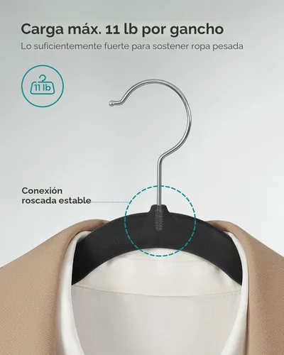 Miniatura 5 de SONGMICS UCRF029B05 - Paquete de 50 ganchos de terciopelo antideslizantes para trajes con muescas para el hombro, barra para pantalones, gancho