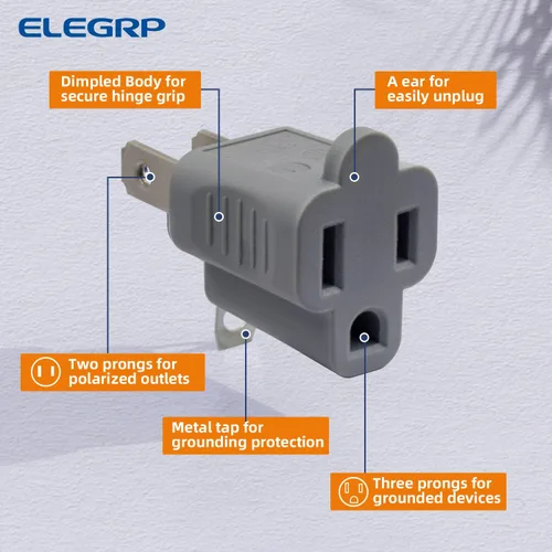 Miniatura 3 de ELEGRP Adaptador de 2 a 3 puntas, paquete de 3, gris - Adaptador de enchufe de conexión a tierra polarizado, certificación ETL