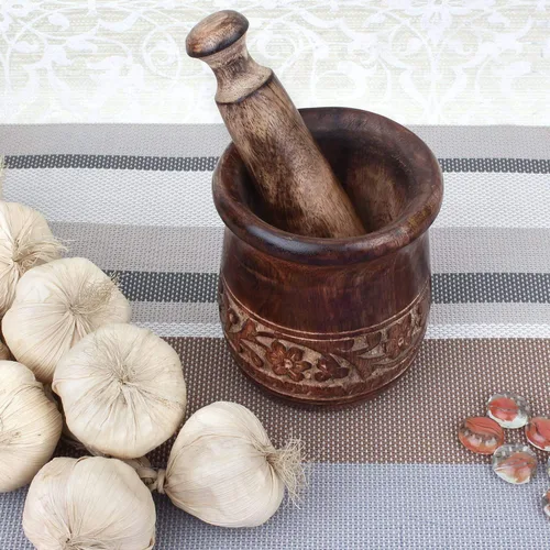 Molinillo de especias de mortero y mortero hecho a mano de madera Okhli para hierbas, guacamole, pesto y especias, juego de mortero y mortero