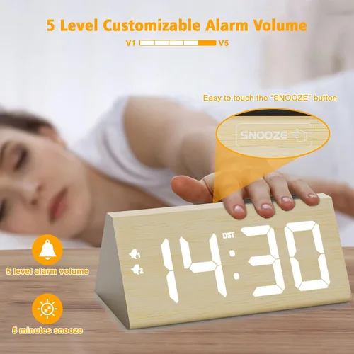 Miniatura 4 de Reloj despertador digital de madera con puertos de carga USB duales, DST, atenuable, función de repetición, reloj LED de tiempo moderno de gran