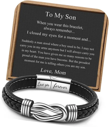 Miniatura 12 de Pulseras de nudo JoycuFF Regalos para hombres Marrón cuero trenzado acero inoxidable pulseras de infinito con inscripción Amor eterno Regalos