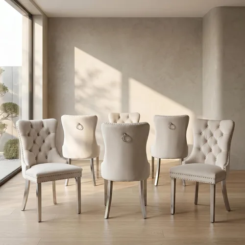 Miniatura 22 de Juego de 2 sillas de comedor de terciopelo, sillas de comedor copetudas de mediados de siglo con anillo trasero de cabeza de clavo, patas de metal