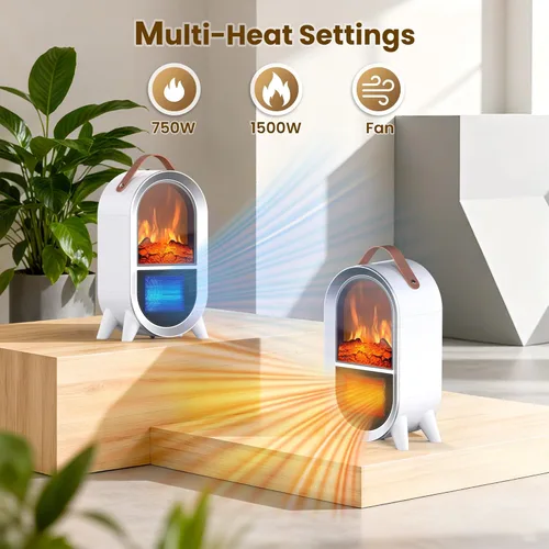 Miniatura 6 de Riseon - Calentador de chimenea eléctrico portátil, 1500W/750W, mini calentador de espacio para uso en interiores con llama 3D, termostato, asa