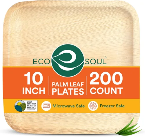 Miniatura 14 de ECO SOUL Platos de Hoja de Palma de 8" (100 Unidades) Platos Cuadrados Compostables de Bambú Extra Resistentes, Vajilla Biodegradable Ecológica