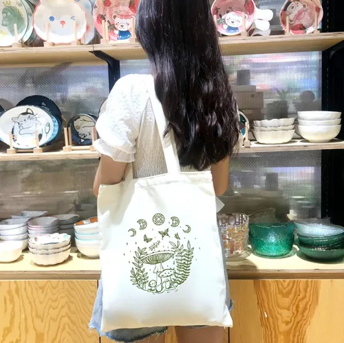 Miniatura 3 de THEYGE Bolsa de mano con diseño de hongos, estética, vintage, divertida, de lona de algodón, reutilizable, para compras, playa, bolsa de hombro Verde