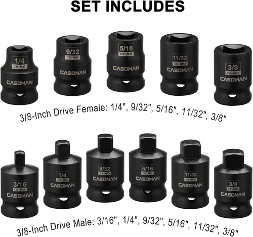 Miniatura 2 de CASOMAN 3/8-inch Drive Pipe Plug Socekt Set, SAE, CR-MO, unidad cuadrada macho cónica, unidad cuadrada hembra biselada, conjunto de 11 piezas
