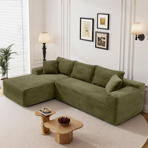 Miniatura 34 de Sofá seccional sin costuras de 108" en forma de L para sala de estar, cómodo sofá de corduroy con chaise, amplios reposabrazos, asiento profundo
