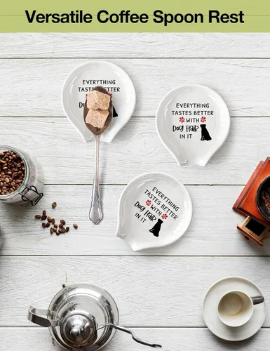 Miniatura 6 de WHING - Divertido soporte de cuchara de té de cerámica blanca para café, todo sabe mejor con pelo de perro, decoración de estación de café