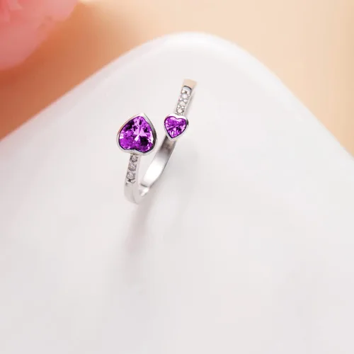 Miniatura 5 de LANE WOODS Anillos de piedra natal para mujer, plata de ley 925, doble corazón, abierto, anillo de banda ajustable